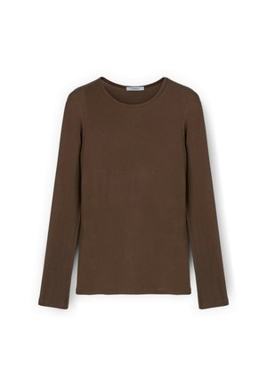 Top lungo a maniche con costine di colore marrone e scollo rotondo. Realizzato in materiale morbido, presenta una forma aderente e una texture sottile.