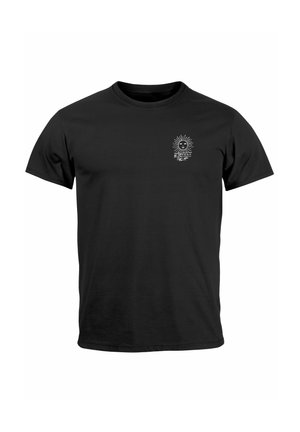 Schwarzes Baumwoll-T-Shirt mit einem weißen Sonnenmotiv und Strahlen auf der Brust. Klassisches Rundhalsdesign, kurze Ärmel und lockerer Schnitt.