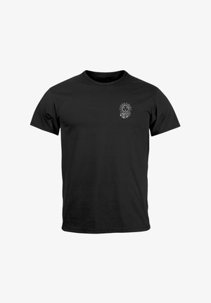 Schwarzes Baumwoll-T-Shirt mit einem weißen Sonnenmotiv und Strahlen auf der Brust. Klassisches Rundhalsdesign, kurze Ärmel und lockerer Schnitt.