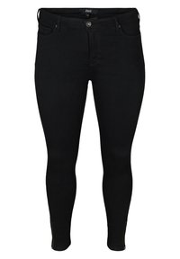 Jean slim noir avec une texture lisse, dotés d'une fermeture à bouton à l'avant et de fermetures éclair aux chevilles pour un détail supplémentaire.