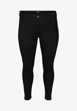 Schwarze Skinny-Jeans mit vorderer Knopf- und Reißverschluss, fünf Taschen und Reißverschlüssen am Knöchel, Größe 46 von der Marke Zizzi.