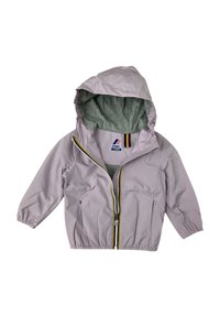 Giacca a zip di un leggero colore viola con cappuccio, polsini elastici e fodera interna grigia. Presenta una cerniera colorata e un logo nell'area del colletto.