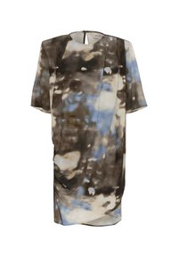 Šaty s krátkým rukávem z lehké tkaniny, sehnaný hnědý, černý a modrý abstraktní vzor. Mají kulatý výstřih a jemné drapování.