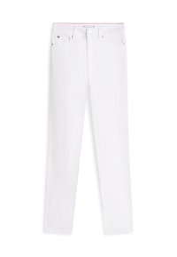 Λευκό στενό τζιν με κουμπί και φερμουάρ μπροστά, σχεδιασμό με πέντε τσέπες και μικρή κόκκινη, λευκή και μπλε ετικέτα στην μπροστινή δεξιά τσέπη.