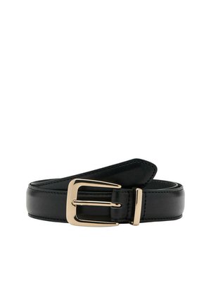 Cintura in pelle nera con fibbia rettangolare dorata e passante dorato abbinato, arrotolata su uno sfondo bianco.