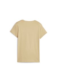 Beige cotton t-shirt, short sleeves, crew neck, smooth texture, minimal design without graphics or embellishments.