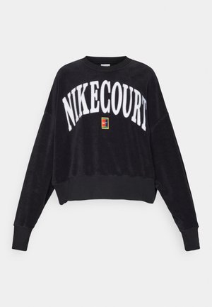 Schwarzer, kurzer Sweatshirt mit "NIKECOURT" in weißen, erhabenen Buchstaben. Verfügt über ein farbiges Quadrat-Logo auf der Vorderseite und gerippte Bündchen. Weicher Stoff.