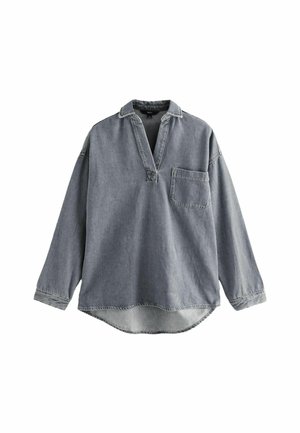 Langarm-Hemden aus grauem Denim mit einem kragenförmigen Ausschnitt, einer halben Knopfleiste und einer einzelnen Brusttasche. Besondere Merkmale sind der abgerundete Saum.