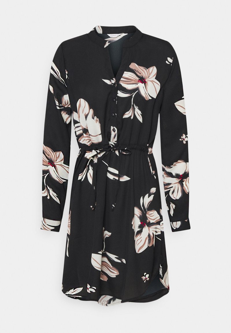 Robe noire à fleurs avec manches longues, col à revers, fermeture à boutons, taille ajustable par lien coulissant et accents rouges subtils.
