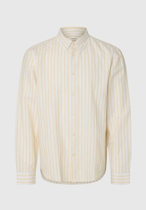 Košeľa na gombíky s dlhými rukávmi, svetložltými a bielymi vertikálnymi pruhmi, klasickým golierom a zapínaním na gombíky na manžetách.