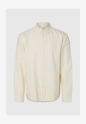Košeľa na gombíky s dlhými rukávmi, svetložltými a bielymi vertikálnymi pruhmi, klasickým golierom a zapínaním na gombíky na manžetách.