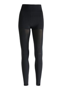 Schwarze Leggings mit hohem Taillenbund, glatter Textur und einem transparenten Einsatz am Unterschenkel. Der Stoff wirkt dehnbar und körperbetont.