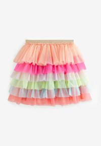 Jupe en tulle multicolore avec des volants superposés en rose, orange, vert et bleu. Taille élastique avec une finition dorée. Tissu léger et semi-transparent.
