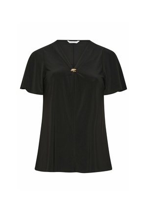 Blusa nera a maniche corte con scollo a V e una fibbia decorativa dorata al centro davanti.