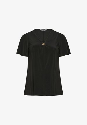 Blusa nera a maniche corte con scollo a V e una fibbia decorativa dorata al centro davanti.