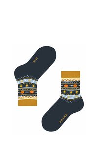 Skarpetki dzianinowe w kolorze granatowym z geometrycznym wzorem dyni i kwiatów, zaakcentowane żółtym i białym. Zawierają nazwę marki w złotym kolorze.