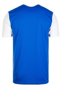 Camiseta deportiva azul con mangas cortas blancas, hecha de una tela ligera y suave, con un cuello redondo y una forma ligeramente ajustada.