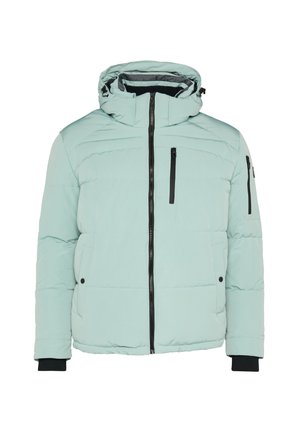 Light blue puffer jacket with a hood, featuring a full zipper, two side pockets, and a chest pocket with black zippers. Ribbed cuffs included.