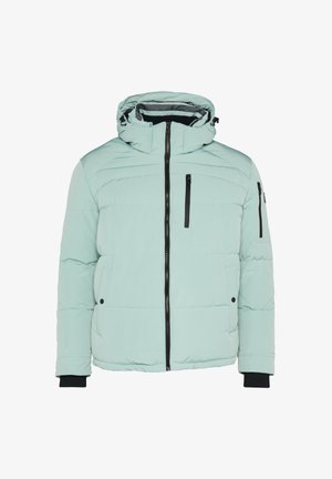 Light blue puffer jacket with a hood, featuring a full zipper, two side pockets, and a chest pocket with black zippers. Ribbed cuffs included.