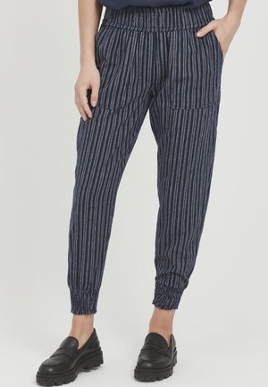 Navy blue striped jogger pants with an elastic waistband and cuffs, featuring side pockets and a lightweight, textured fabric.