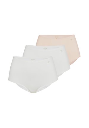 Tre kvinders trusser med højt liv i hvid og lys fersken, hver med en lille blomstdetalje og "JOOP!"-logo foran på linningen.