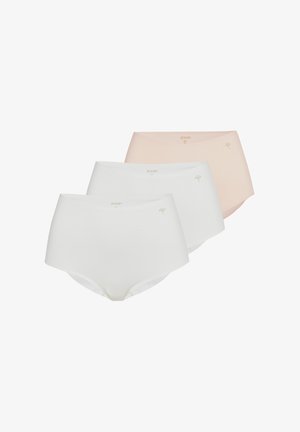 Trois culottes taille haute pour femmes en blanc et pêche clair, chacune avec un petit détail fleuri et le logo « JOOP ! » sur la ceinture avant.