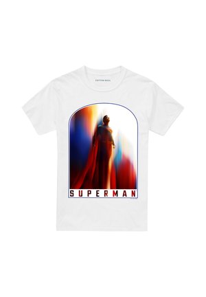White t-shirt with a colorful blurred graphic of Superman standing with cape flowing and the word "SUPERMAN" below.