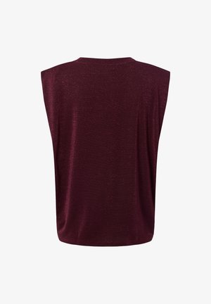 Burgundy sleeveless top with a relaxed fit, made of soft, shimmering fabric. Round neckline and smooth texture with a slight drape.