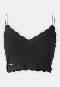Camisola preta com alças finas, apresentando um acabamento em renda com bordas rendilhadas ao longo do decote e da bainha. Feita de um tecido macio e elástico.