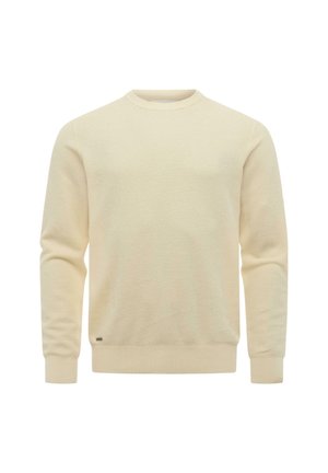 Kremfarvet langærmet strikket sweater med rund hals og ribstrikkede ærmeafslutninger og kant, vist på hvid baggrund.