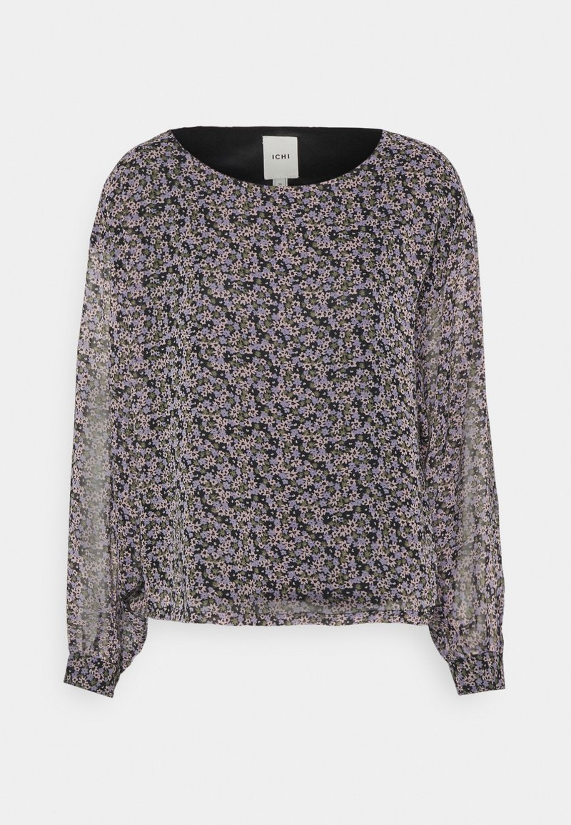 Blusa preta transparente com padrão floral em roxo e branco. Decote redondo, mangas longas com punhos franzidos e corte relaxado. Etiqueta visível.