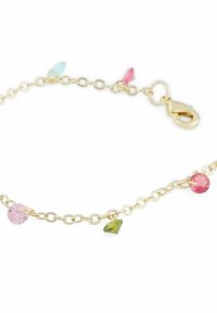 Guldarmband med olika färgglada ädelstenar: rosa, grön och blå, med en lobsterklämma och länkdesign.