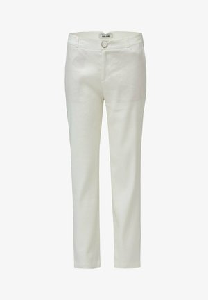 Pantalon blanc ajusté en matériau léger, doté d'une fermeture à bouton à l'avant, de passants de ceinture et de jambes droites.