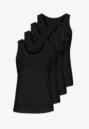 Fire sorte tanktoppe lavet af glat stof, med en klassisk rund halsudskæring og uden synlige mønstre eller accenter.