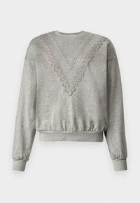 Sudadera gris con diseño de escote en V, borde de encaje, dobladillo y puños elásticos, y una textura de tela suave.