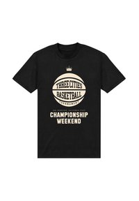 Černé bavlněné tričko s krémovým grafickým motivem basketbalu a textem: "Turnaj v basketbalu tří měst" a "Víkend mistrovství."