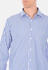 Camicia a righe blu e bianche con apertura a bottoni, colletto, maniche lunghe e taschino sul lato sinistro.