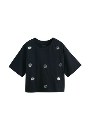 Schwarzes, kurzärmeliges, bauchfreies T-Shirt mit rundem Ausschnitt, verziert mit acht kleinen silbernen, paillettenbesetzten Blumenmustern auf der Vorderseite.