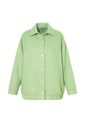 Giacca verde chiaro con bottoni, maniche lunghe, collo, tasche laterali e orlo leggermente elasticizzato.