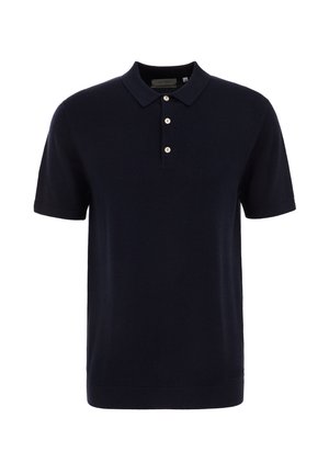 Tamsiai mėlyna trumpomis rankovėmis polo marškinėliai, pagaminti iš minkštos medžiagos, su klasikinėmis apykaklėmis ir trimis mygtukais priekyje.