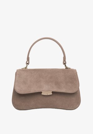 Zamszowa torebka w kolorze taupe o strukturalnym kształcie, z górnym uchwytem, złotymi okuciami i zapięciem na klamrę. Gładka tekstura i zaokrąglone krawędzie.