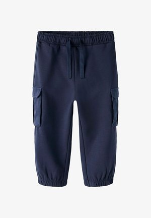 Pantalons cargo bleu marine avec une taille élastique, un cordon de serrage et deux poches latérales. Fabriqués en tissu doux avec une coupe décontractée.