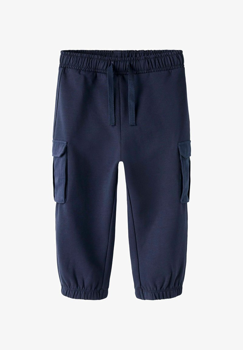 Temno modri cargo hlače z elastičnim pasom, vrvico in dvema stranskima žepoma. Narejene iz mehke tkanine z udobnim krojem.