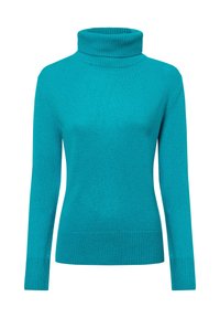 Türkiser Rollkragenpullover mit langen Ärmeln, geripptem Kragen und Bündchen, aus einem weichen Strickstoff gefertigt. Glatte Textur, taillierte Passform.