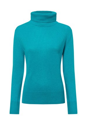 Türkiser Rollkragenpullover mit langen Ärmeln, geripptem Kragen und Bündchen, aus einem weichen Strickstoff gefertigt. Glatte Textur, taillierte Passform.