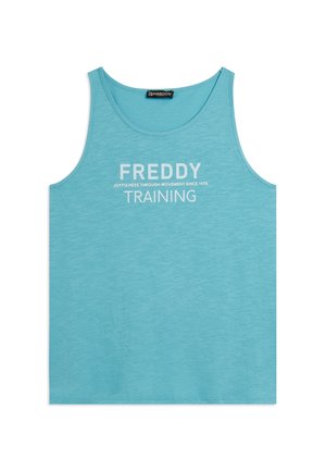 Canotta da allenamento azzurro chiaro senza maniche con la scritta bianca "FREDDY Joyfulness Through Movement Since 1976 Training" stampata sul davanti.