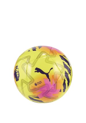 Żółta piłka nożna z różowo-czarnymi wzorami gwiazd, z logo Puma i emblematem Premier League.