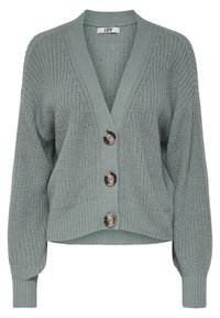 Cardigan tricoté vert pâle avec un col en V, trois grands boutons marron, des poignets et un ourlet côtelés, et une coupe courte. Design de tissu texturé.