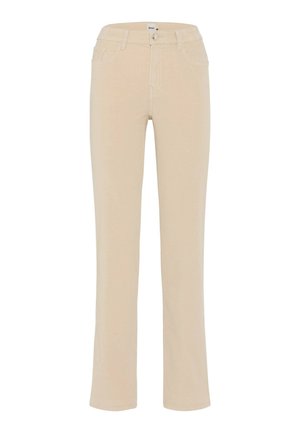 Pantaloni beige a gamba dritta con bottone anteriore, passanti per cintura e tasche laterali e posteriori.