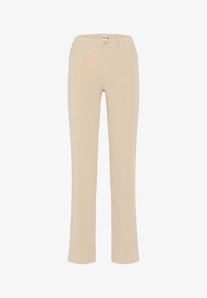 Beige straight-leg pants with front button, belt loops, and side and back pockets.